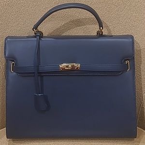Italian leather purse, 14" w 11" h navy blue, tan interior